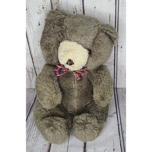 10" Vintage 90s Cuddle Wit Grey Teddy Bear w/ Plaid Bowtie Plush Stuffed Animal